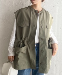 ノーカラーダブルポケットウエストドロストロングミリタリーベスト