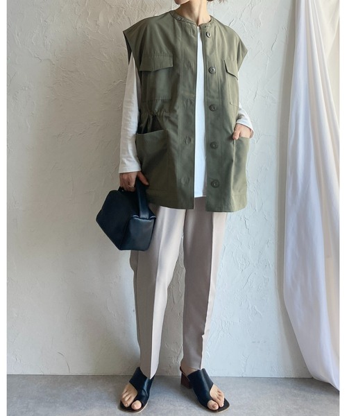 She's Closet(シーズクローゼット)の「ノーカラーダブルポケットウエストドロストロングミリタリーベスト(ベスト・レディース・アイボリー/カーキ/ブラック・FREE)」の4枚目の写真