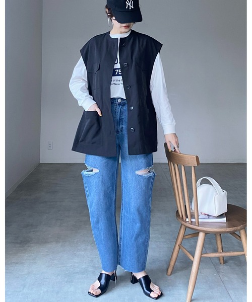 She's Closet(シーズクローゼット)の「ノーカラーダブルポケットウエストドロストロングミリタリーベスト(ベスト・レディース・アイボリー/カーキ/ブラック・FREE)」の8枚目の写真