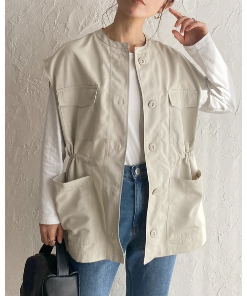 She's Closet(シーズクローゼット)の「ノーカラーダブルポケットウエストドロストロングミリタリーベスト(ベスト・レディース・アイボリー/カーキ/ブラック・FREE)」の21枚目の写真