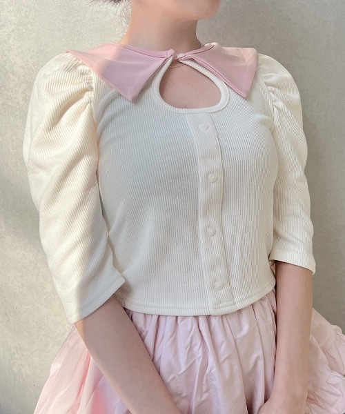 lilLilly リルリリー バイカラーレースリブトップス lilLilly（リルリリー）の「バイカラーレースリブトップス（T