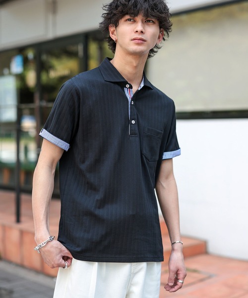 A.S.M（エーエスエム）の「吸水速乾ドライ ストライプドビー 鹿ノ子 / スタンダード Biz ポロシャツ（半袖）（ポロシャツ・メンズ・ブラック/ホワイト/ネイビー・48/50/52）」の2枚目の写真