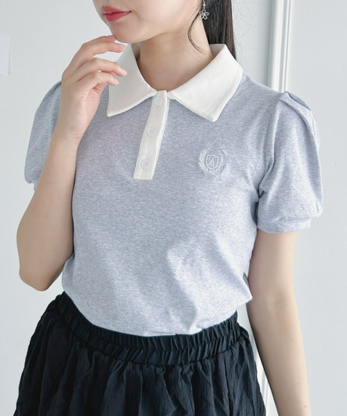 Loueme（ルエム）の「ワンポイント刺繍パフスリーブポロシャツ（ポロシャツ・レディース・ホワイト/ライトブルー/グレー・FREE）」の9枚目の写真