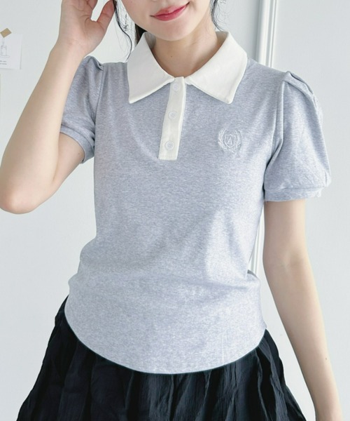 Loueme（ルエム）の「ワンポイント刺繍パフスリーブポロシャツ（ポロシャツ・レディース・ホワイト/ライトブルー/グレー・FREE）」の11枚目の写真