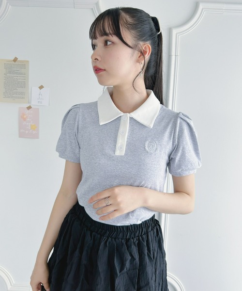 Loueme（ルエム）の「ワンポイント刺繍パフスリーブポロシャツ（ポロシャツ・レディース・ホワイト/ライトブルー/グレー・FREE）」の10枚目の写真