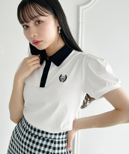 Loueme（ルエム）の「ワンポイント刺繍パフスリーブポロシャツ（ポロシャツ・レディース・ホワイト/ライトブルー/グレー・FREE）」の5枚目の写真
