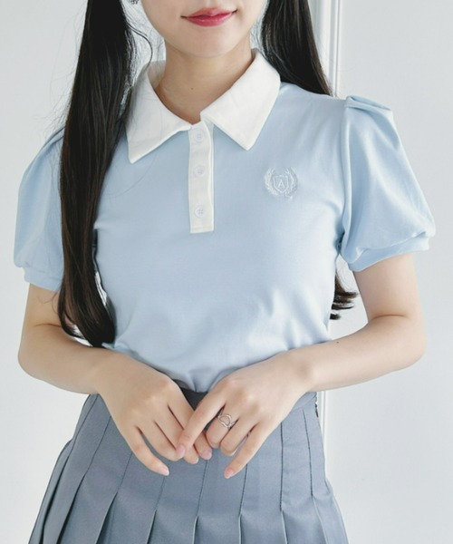 Loueme（ルエム）の「ワンポイント刺繍パフスリーブポロシャツ（ポロシャツ・レディース・ホワイト/ライトブルー/グレー・FREE）」の16枚目の写真