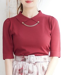 チェーン付衿5分袖ニットプルオーバー