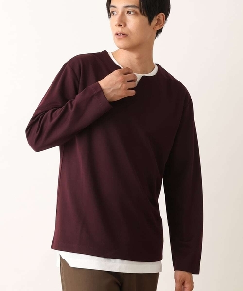 a.v.v(アーヴェヴェ)の「【カットソー+半袖インナーの2点セット】ヘリンボンジャカードカットソー(Tシャツ/カットソー・メンズ・グリーン/ボルドー/ネイビー・46/48/50/44)」の1枚目の写真
