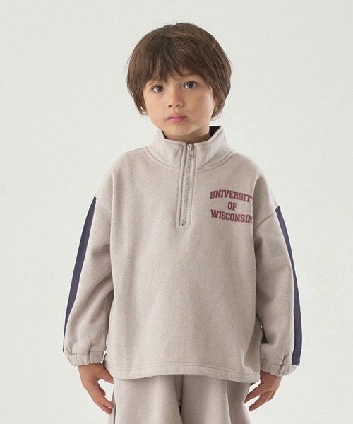 b・ROOM（ビールーム）の「【表コットン毛玉バイバイ裏起毛】ハーフジップバイカラースウェット（スウェット・キッズ・グレイッシュベージュ/アイボリー/ブルーグリーン/ラベンダー・150cm/130cm/140cm/100cm/110cm/120cm）」の3枚目の写真