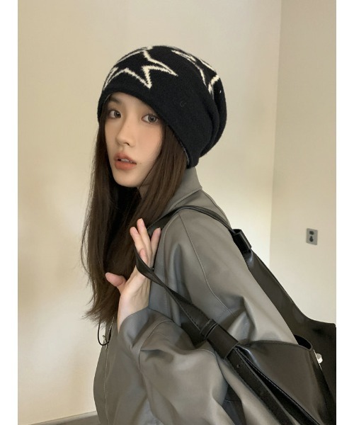 DEVICE（デバイス）の「スターデザイン ニットキャップ ビーニー HEADWEAR ヘッドウェア（ニットキャップ/ビーニー・レディース・アイボリー/ブラック・FREE）」の5枚目の写真