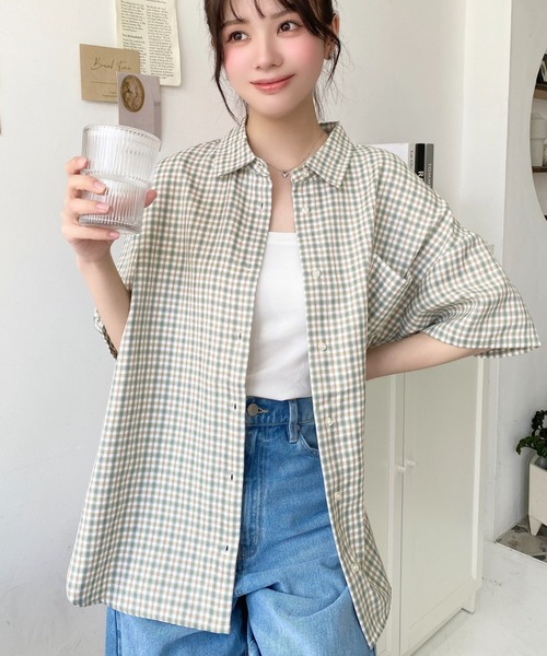 moment+(モーメントプラス)の「オーバーチェック半袖ルーズシャツ(シャツ/ブラウス・レディース・グレー/ブルー/ブラック/ネイビー・M/L)」の11枚目の写真