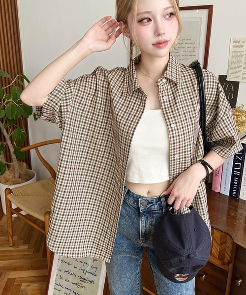 moment+(モーメントプラス)の「オーバーチェック半袖ルーズシャツ(シャツ/ブラウス・レディース・グレー/ブルー/ブラック/ネイビー・M/L)」の12枚目の写真