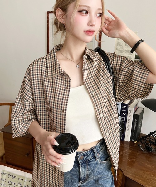 moment+(モーメントプラス)の「オーバーチェック半袖ルーズシャツ(シャツ/ブラウス・レディース・グレー/ブルー/ブラック/ネイビー・M/L)」の14枚目の写真