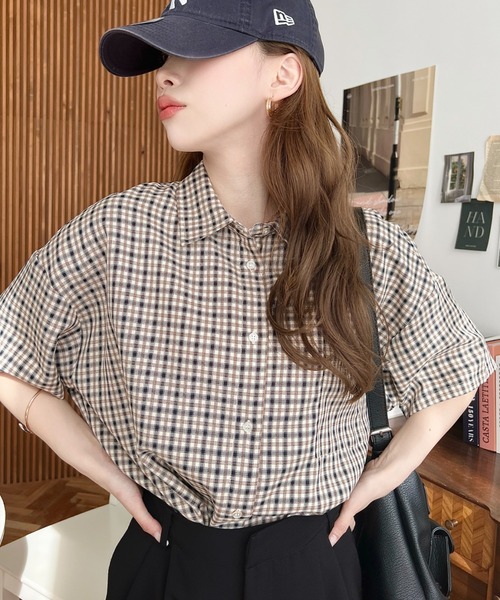 moment+(モーメントプラス)の「オーバーチェック半袖ルーズシャツ(シャツ/ブラウス・レディース・グレー/ブルー/ブラック/ネイビー・M/L)」の7枚目の写真
