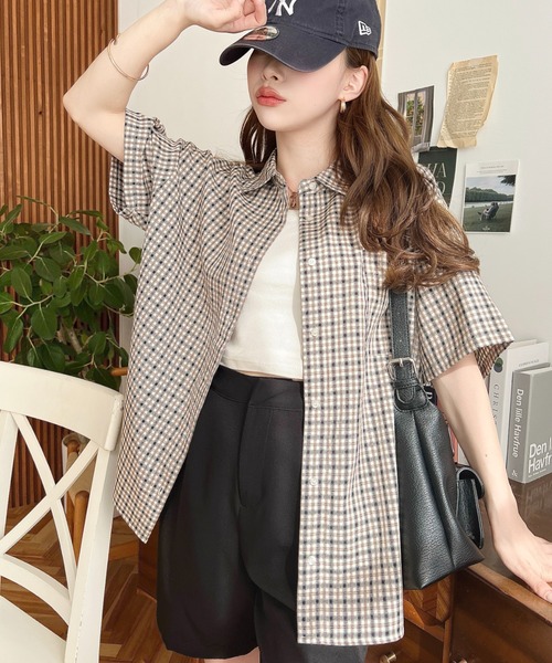 moment+(モーメントプラス)の「オーバーチェック半袖ルーズシャツ(シャツ/ブラウス・レディース・グレー/ブルー/ブラック/ネイビー・M/L)」の5枚目の写真