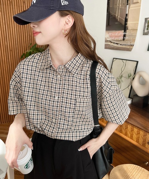 moment+(モーメントプラス)の「オーバーチェック半袖ルーズシャツ(シャツ/ブラウス・レディース・グレー/ブルー/ブラック/ネイビー・M/L)」の6枚目の写真