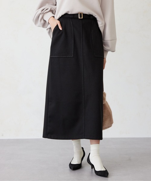 Chez toi(シェトワ)の「ステッチメルトンナロースカート(スカート・レディース・ブラック/キャメル/オフホワイト・FREE)」の2枚目の写真