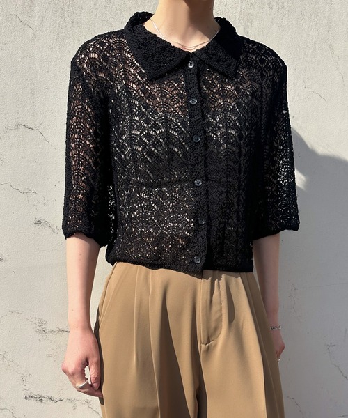 select MOCA by son（セレクトモカバイソン）の「レースパターンニットショートカーディガン（カーディガン/ボレロ・レディース・ライトベージュ/ブラック/ライトグリーン・FREE）」の5枚目の写真