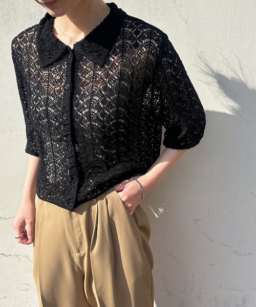 select MOCA by son（セレクトモカバイソン）の「レースパターンニットショートカーディガン（カーディガン/ボレロ・レディース・ライトベージュ/ブラック/ライトグリーン・FREE）」の4枚目の写真