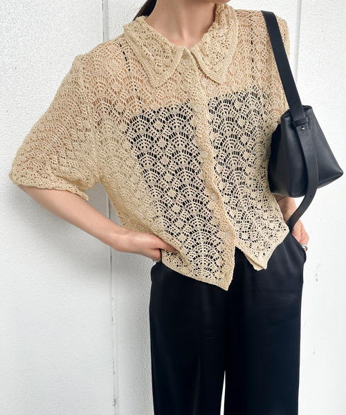 レースパターンニットショートカーディガン（カーディガン/ボレロ