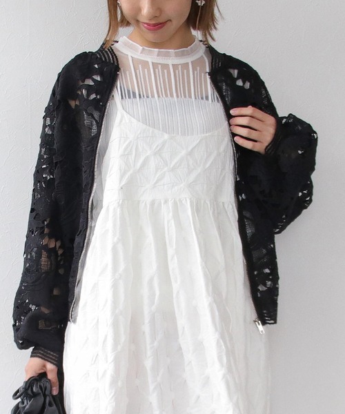 Three Four Time（ｽﾘｰﾌｫｰﾀｲﾑ）の「リブストライプレースブルゾン（ブルゾン・レディース・ブラック/アイボリー・FREE）」の8枚目の写真