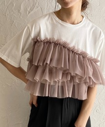 シアーフリルチュールビスチェドッキング半袖クロップドTシャツ