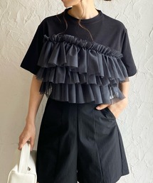 シアーフリルチュールビスチェドッキング半袖クロップドTシャツ
