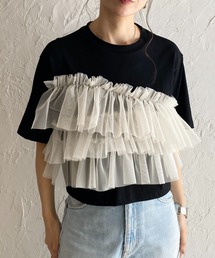 シアーフリルチュールビスチェドッキング半袖クロップドTシャツ