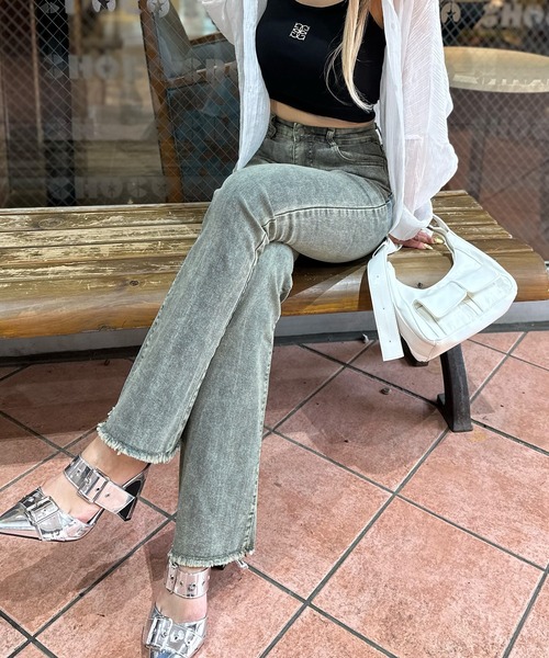 セール】【履き心地×脚長効果】軽やかすそフリンジストレッチデニム