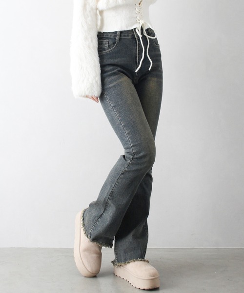 セール】【履き心地×脚長効果】軽やかすそフリンジストレッチデニム