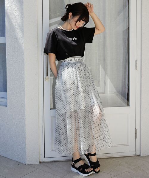 MAJESTIC LEGON(マジェスティックレゴン)の「ウエストロゴチュールスカート(スカート・レディース・ホワイト系その他/ブラック/オフホワイト・SMALL/MEDIUM)」の1枚目の写真