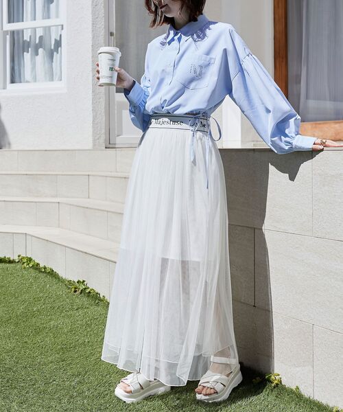 MAJESTIC LEGON(マジェスティックレゴン)の「ウエストロゴチュールスカート(スカート・レディース・ホワイト系その他/ブラック/オフホワイト・SMALL/MEDIUM)」の2枚目の写真