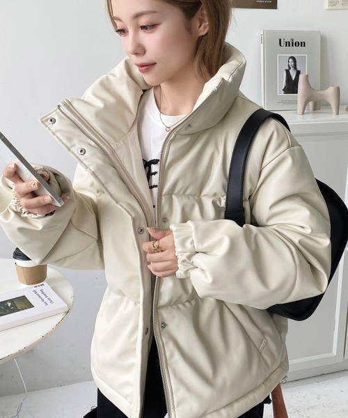 セール】スタンドカラーファイバーダウンソフトフェイクレザーブルゾン