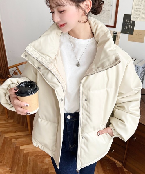 セール】スタンドカラーファイバーダウンソフトフェイクレザーブルゾン