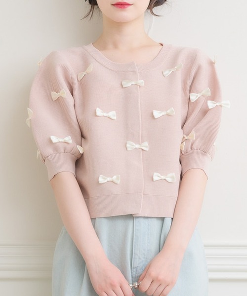 ems excite（エムズエキサイト）の「チビリボンパフ袖NTカーデ（カーディガン/ボレロ・レディース・ライトグレー/ブルー/ナチュラル/ピンク・FREE）」の4枚目の写真