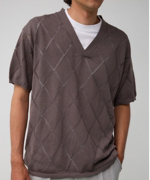 AZUL by moussy（アズールバイマウジー）の「透かし編みレイヤードニット（ニット/セーター・メンズ・ライトグレー/ブラック/グレー・MEDIUM/LARGE）」の3枚目の写真