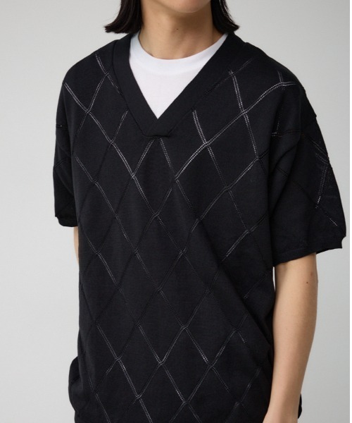 AZUL by moussy（アズールバイマウジー）の「透かし編みレイヤードニット（ニット/セーター・メンズ・ライトグレー/ブラック/グレー・MEDIUM/LARGE）」の2枚目の写真