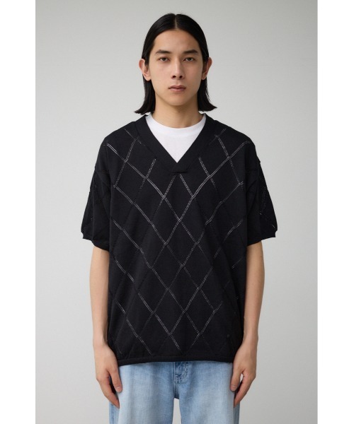 AZUL by moussy（アズールバイマウジー）の「透かし編みレイヤードニット（ニット/セーター・メンズ・ライトグレー/ブラック/グレー・MEDIUM/LARGE）」の9枚目の写真