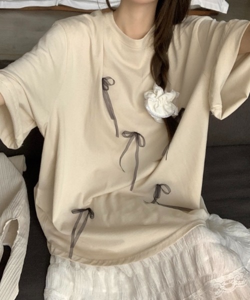 セール】サテンリボン付きオーバーサイズTシャツ（Tシャツ