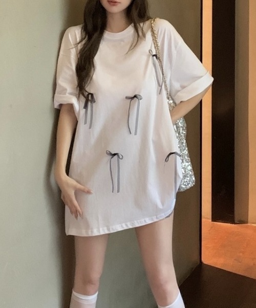 repetto ホワイト Tシャツ Mサイズ リボン付き セール】サテンリボン付きオーバーサイズTシャツ（Tシャツ