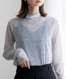 リボンデザイン ハイネックシアーメッシュトップス