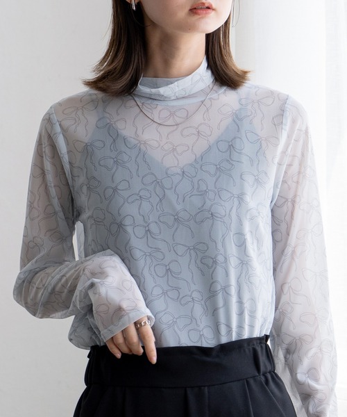 VitaFelice(ヴィータフェリーチェ)の「リボンデザイン ハイネックシアーメッシュトップス(Tシャツ/カットソー・レディース・オフホワイト/グレー/ブラック・FREE)」の1枚目の写真