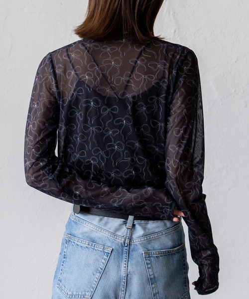 VitaFelice(ヴィータフェリーチェ)の「リボンデザイン ハイネックシアーメッシュトップス(Tシャツ/カットソー・レディース・オフホワイト/グレー/ブラック・FREE)」の12枚目の写真