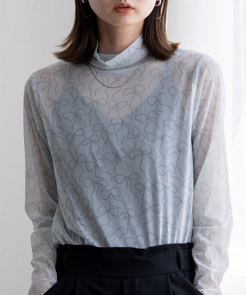 VitaFelice(ヴィータフェリーチェ)の「リボンデザイン ハイネックシアーメッシュトップス(Tシャツ/カットソー・レディース・オフホワイト/グレー/ブラック・FREE)」の19枚目の写真