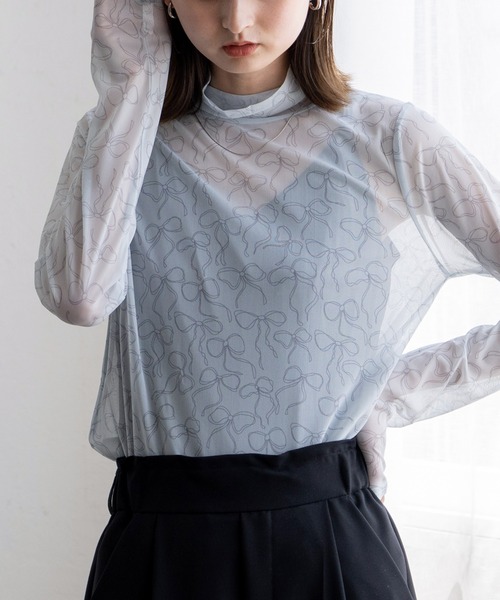 VitaFelice(ヴィータフェリーチェ)の「リボンデザイン ハイネックシアーメッシュトップス(Tシャツ/カットソー・レディース・オフホワイト/グレー/ブラック・FREE)」の20枚目の写真