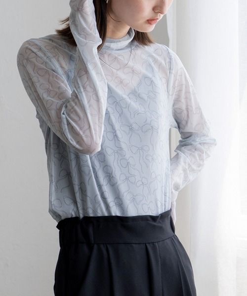 VitaFelice(ヴィータフェリーチェ)の「リボンデザイン ハイネックシアーメッシュトップス(Tシャツ/カットソー・レディース・オフホワイト/グレー/ブラック・FREE)」の21枚目の写真