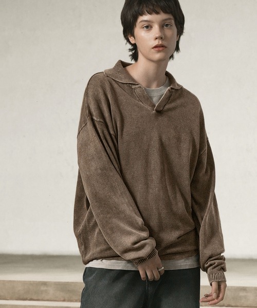 EMMA CLOTHES（エマクローズ）の「ストーンウォッシュドロストスキッパールーズニットポロシャツ（ポロシャツ・メンズ・ブラウン/ライトグレー/ダークネイビー/チャコール・M/L）」の3枚目の写真