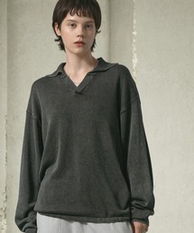 ストーンウォッシュドロストスキッパールーズニットポロシャツ