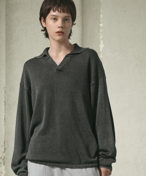 EMMA CLOTHES（エマクローズ）の「ストーンウォッシュドロストスキッパールーズニットポロシャツ（ポロシャツ・メンズ・ブラウン/ライトグレー/ダークネイビー/チャコール・M/L）」の4枚目の写真